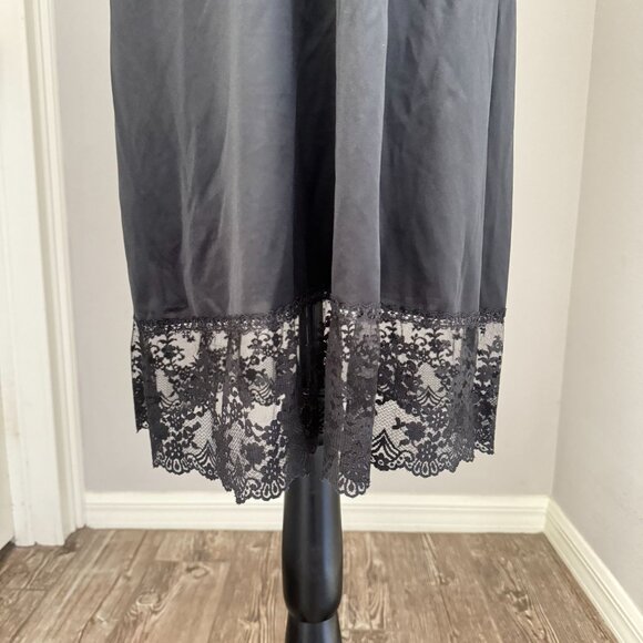 Vintage 60s Vanity Fair Silky Satin Onyx Black Lace Pinup Full Slip Dress 36 - Picture 7 of 8